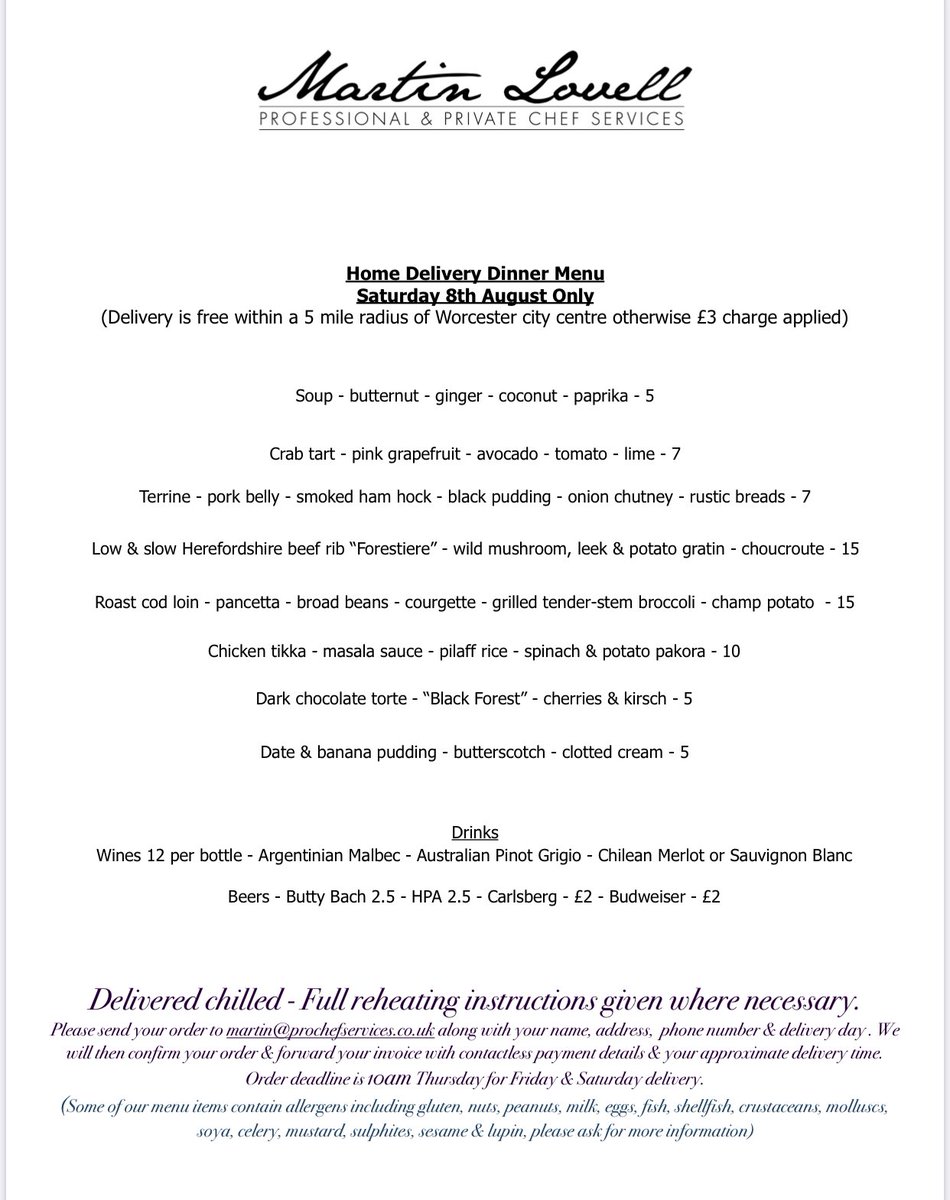 ProChefMartin's tweet photo. This weeks Home Delivery menu now live! Dead line Thursday Morning 10am so don’t delay placing your orders, limited availability, first come first serve, thanks in advance for your orders 😄👍 https://t.co/KlwvDoReaG