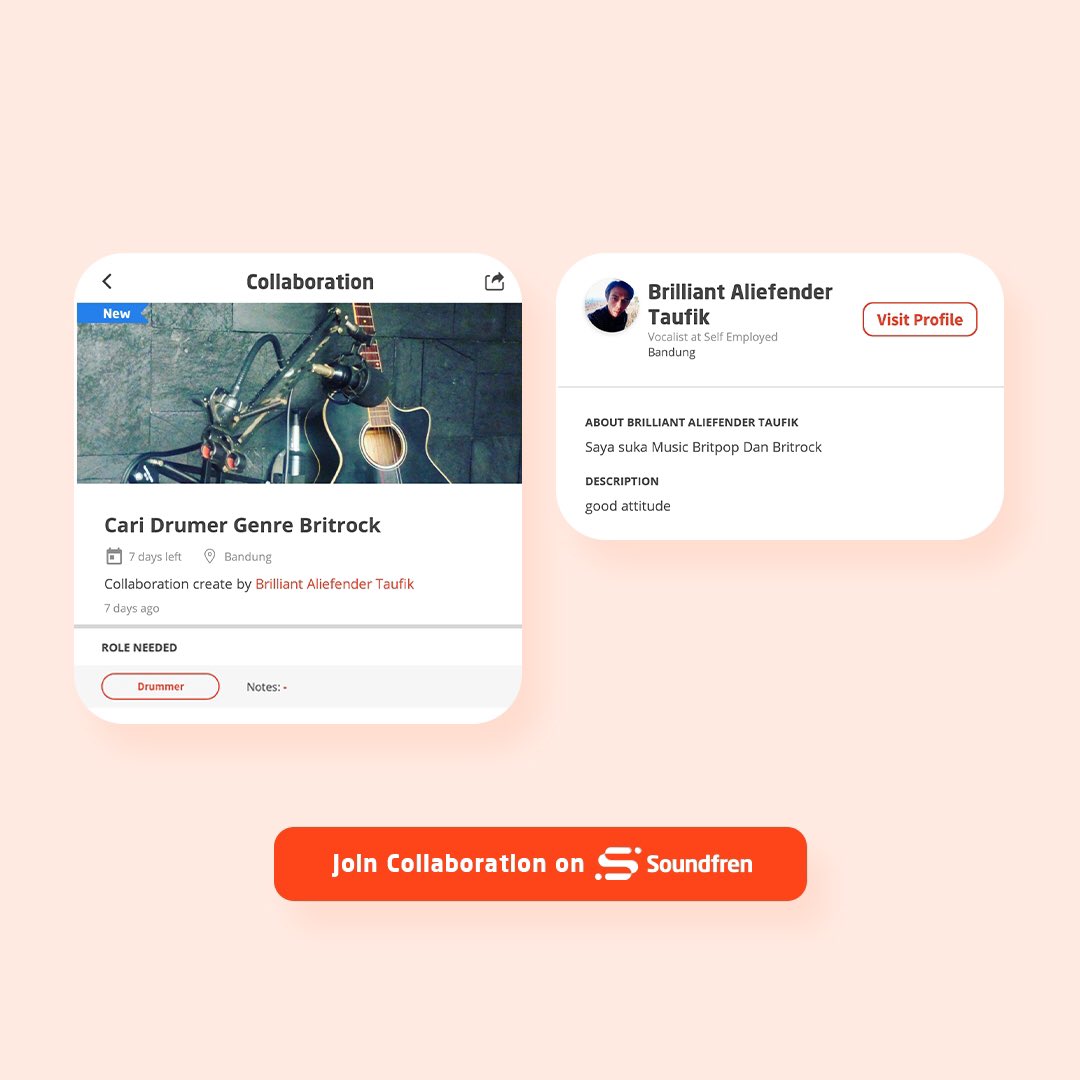 soundfren's tweet photo. Fren, lagi ada yang cari drummer nih!
Tertarik buat join kolaborasi ini? Kuy langsung cek aplikasi Soundfren dan temukan partner koborasimu!
#Soundfren #FindYourFren #FrenCollabs https://t.co/vGEUTPZ4DS