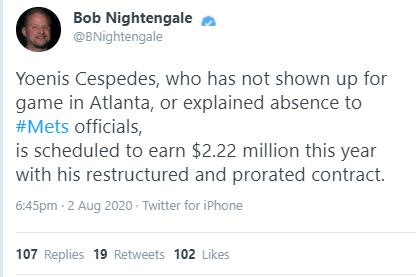 So people start speculating, which... isn't helpful. Neither is this tweet from Bob Nightengale that stayed up about... four minutes before being deleted, as a lot of people were quite rightly worried for his safety (Note: timestamp = UK)(Mets thread, Cespedes special, 4/x)