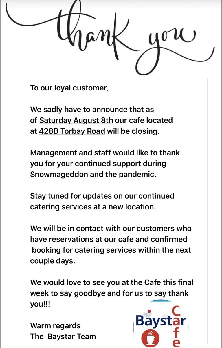 BaystarC's tweet photo. Truly sad to pass along this message. We thank our loyal customers and all the great local businesses we have been working with. https://t.co/w7NVcI4YFH