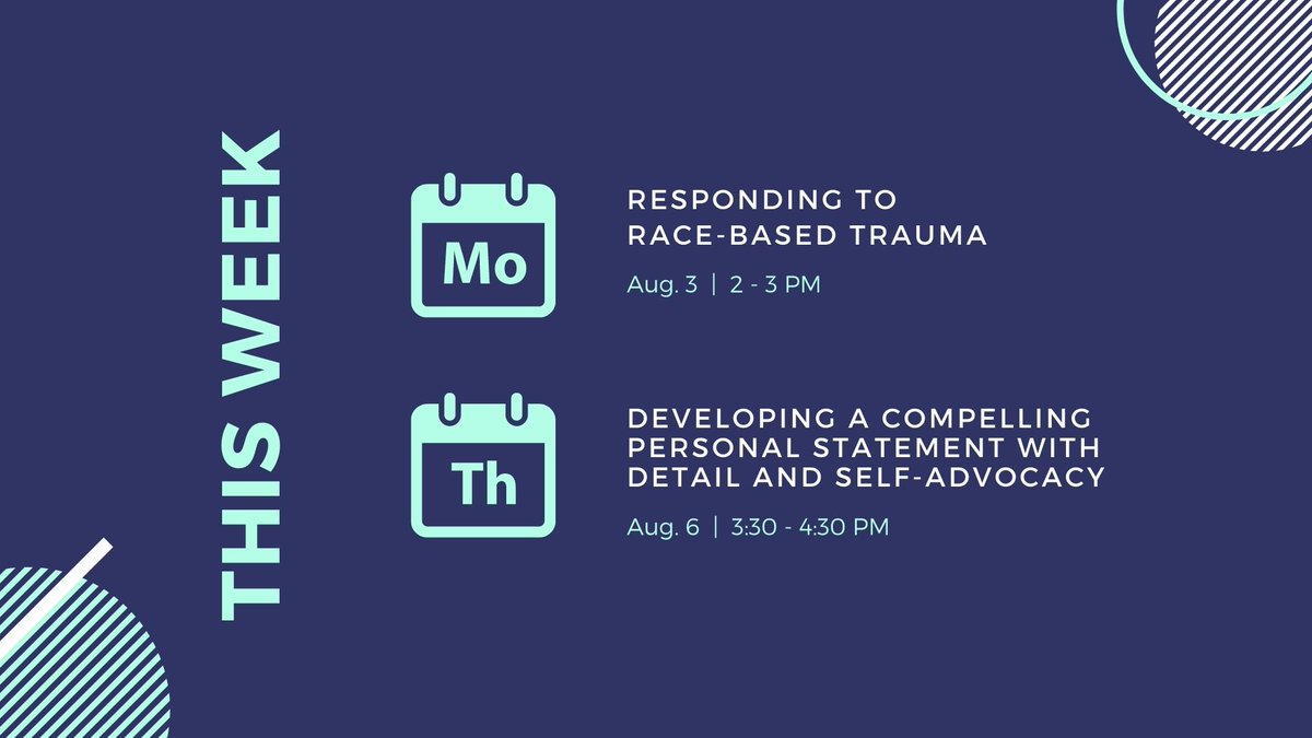 ColumbiaGS's tweet photo. Happening this week: a session with #GSstudentlife on responding to race-based trauma and a workshop about writing a compelling personal statement. More details and upcoming events: https://t.co/Bu2CIc0Lg0 https://t.co/6OxLy27Xr5