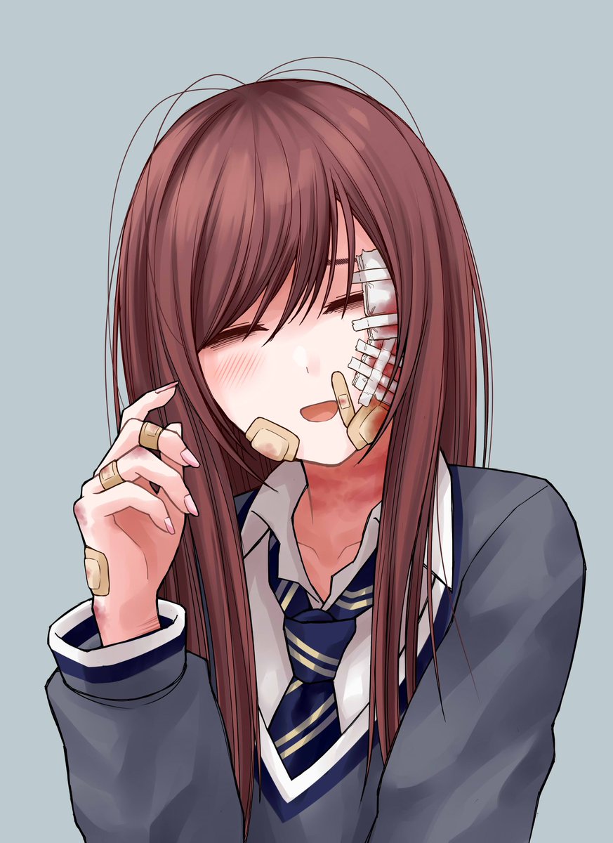 osaki amana 1girl bandaid solo school uniform long hair necktie closed eyes  illustration images