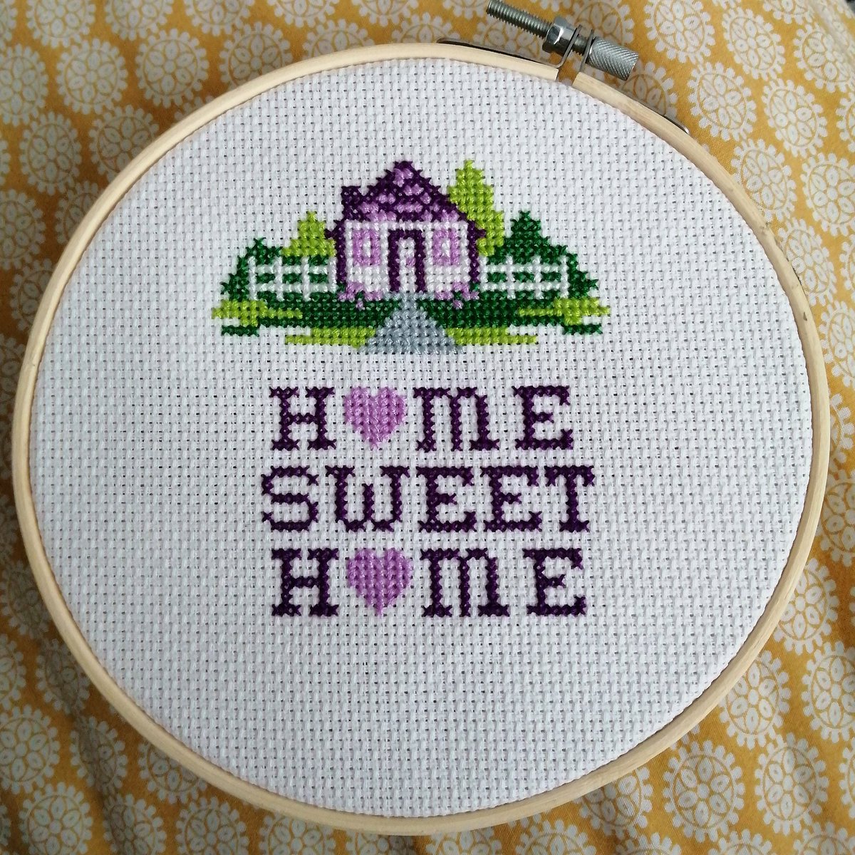MadeByVovs's tweet photo. The obligatory H💜me Sweet H��me cross stitch 😂. Now what to do next?! #crossstitch #crafting #HomeSweetHome https://t.co/J0zBfmMe4c