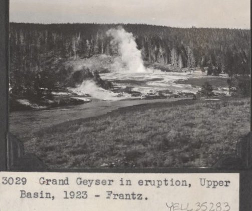 Grand Geyser, 1923.  It was named in 1871 during the Hayden Geological Survey, and is the tallest predictable geyser in the world, erupting every 7-15 hours at heights up to 200 feet.  #oldyellowstone
