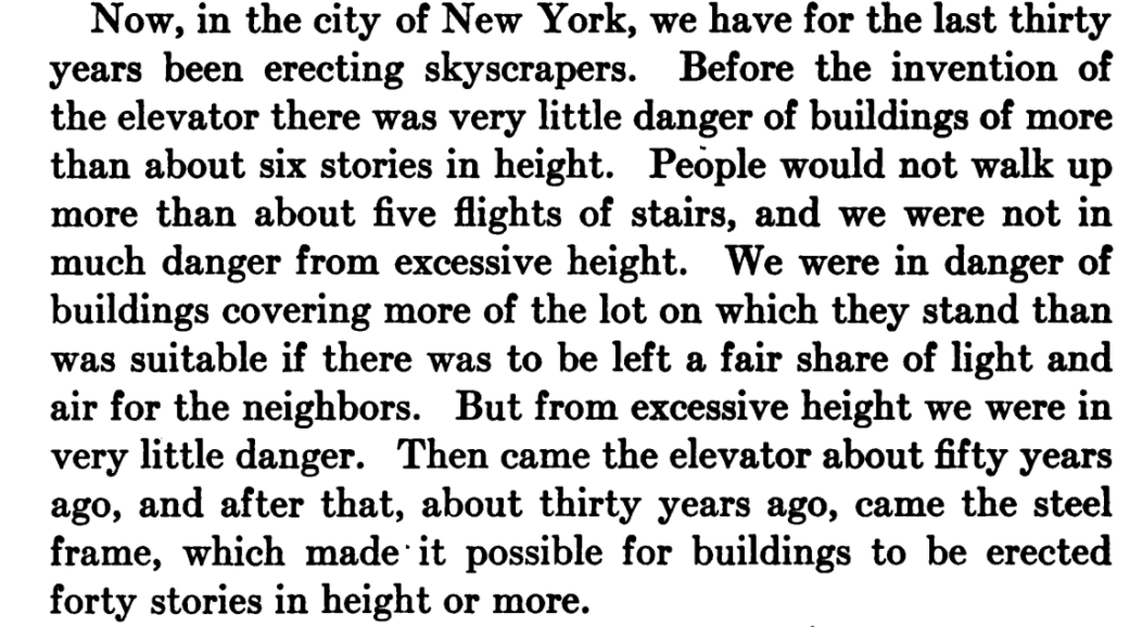 1917: Elevators have ruined cities: "danger...height...excessive height...danger...excessive height...danger...height". Repetition tells the tale.