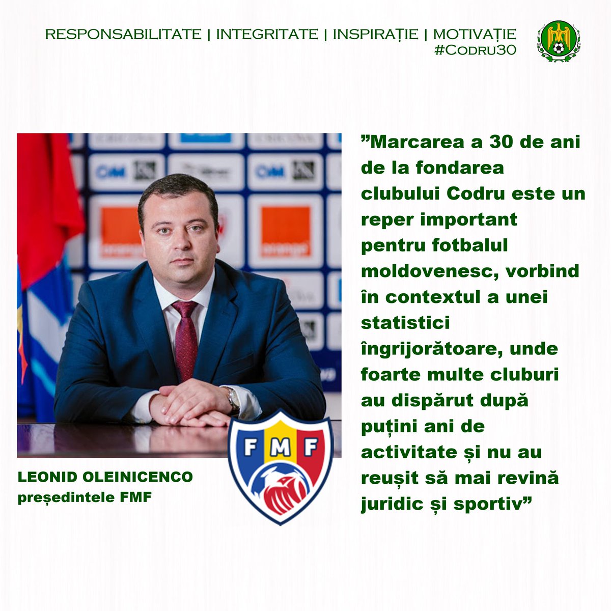 CSCodru's tweet photo. Leonid Oleinicenco: Codru Lozova este un exemplu de perseverență și dorință de afirmare

⚽ Continuăm programul #Codru30 dedicat marcării a 30 de ani de la fondarea Clubului Sportiv Codru Lozova. 

https://t.co/awy6u1gCUN https://t.co/lVpXtgKZIY
