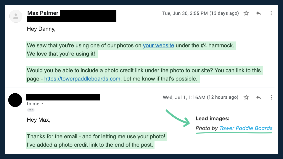 3/ Now, Unsplash images are free to use. There’s no obligation to link. But ask politely and people are happy to help.Max sends the following email to each website.So far, eight have replied. And four added backlinks.