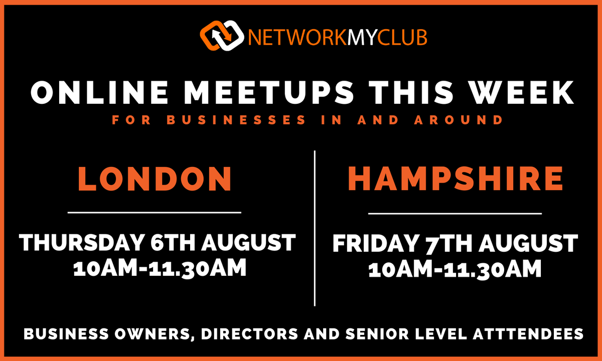 NetworkMyClub's tweet photo. Businesses in #London or #Hampshire. Bored of networking on Zoom? These are for you.

Free for Network My Club members. Non-members very welcome. Secure your place below 👇

London meetup: https://t.co/N50eCFTPMK
Hampshire meetup: https://t.co/pILM8r445E https://t.co/D9iYotzwIj