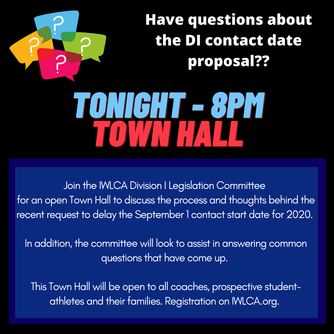 IWLCA's tweet photo. 🚨TONIGHT - Join the IWLCA DI Legislation Committee as they discusses the thoughts &amp; process behind the recent proposal to delay the contact start date. Coaches will also address questions, concerns and myths from the lacrosse community. 

(🔗 to register in bio) https://t.co/txD6YmvHyd