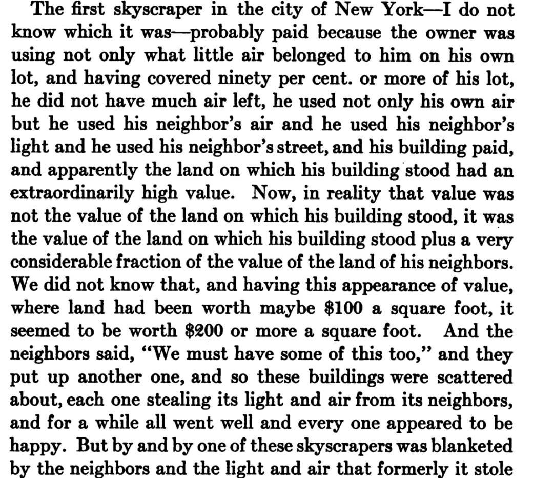 Purdy lays out a horror story of skyscrapers in NYC: "For a while all went well and everyone appeared to be happy" but then too many people built homes "and the rents fell" and "there is no more light and air to steal" 