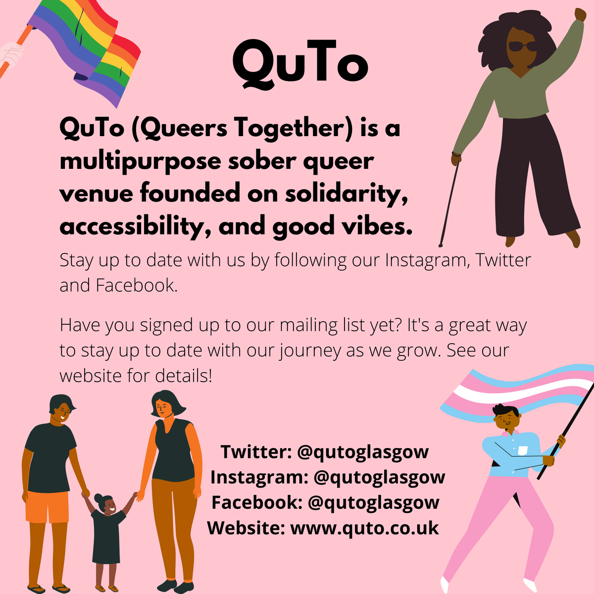 QuToGlasgow's tweet photo. #SoberSpaces #QueerSoberSpace #SoberQueer #QueerGlasgow #LGBTGlasgow #LGBTScotland #glasgow #LGBT #LGBTQ+ #gay #lesbian #pansexual #bisexual #asexual #trans #NonBinary #GenderQueer #queer #TransInclusive #AccessableSpaces #BIPOC #DisabilityScotland #OurPrideNow
3/3 https://t.co/La1LPLsDwW