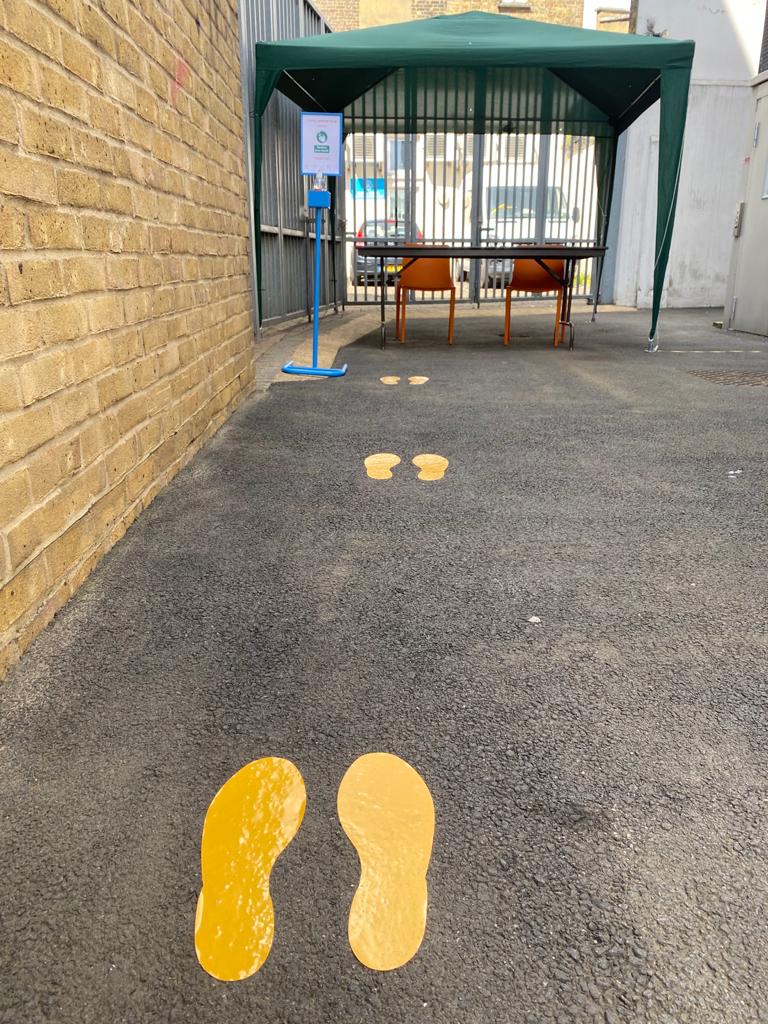 HalfMoonTheatre's tweet photo. After delivering lots of activity online during lockdown, our building opens today with a series of targeted activities for local young people, with more to follow in September. We love these bright footsteps to help keep people socially distanced. #FollowTheFootsteps https://t.co/7Oi8wW5JcO
