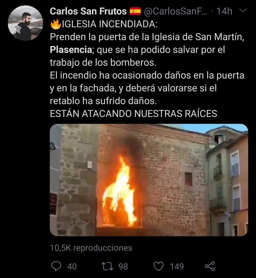 dramario_'s tweet photo. Plasencia, Extremadura. Un cortocircuito provoca un incendio en un antiguo templo. La culpa se le podría achacar a la mala conservación y al poco cuidado del patrimonio, PERO no dejes que la realidad te impida sembrar odio https://t.co/PAHoHDrrLQ https://t.co/ytaoKgygxu