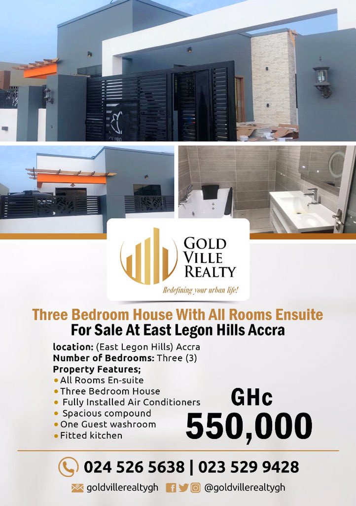 For sale 📍
▪️3 bedroom (All rooms en-suite)
▪️Location: East Legon Hills 
▪️One Guest Washroom 
▪️Fitted kitchen 
▪️Fully installed Air conditioners 
🔸Price  550000 GHc 
☎️ #GoldVilleRealty  on 0245265638 for inquest 
#GhanaRealEstate #RealEstate