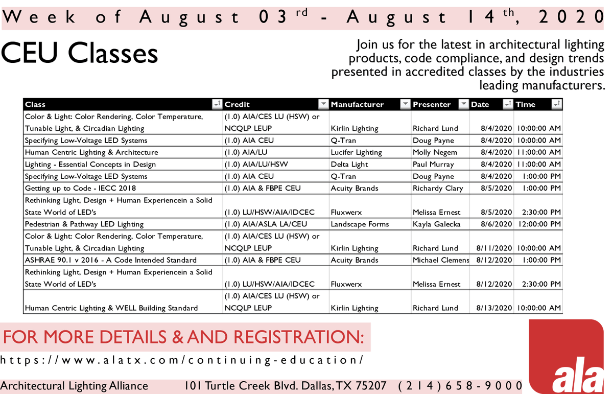 ala_dallas's tweet photo. @ala_dallas CEU's for
Weeks of Aug 3rd & 10th
Classes from:
@KirlinLighting
@QTran_Inc
@LuciferLighting
@DeltaLight
@AcuityBrands
@fluxwerx
#AIA #CEUs #IALD #IES #IESNA #Learning #ContintuingEducation #HSW #Landscape #Architecture #Engineering #NCQLP #ASLA #LU #HSW https://t.co/NnFA4AuAVI