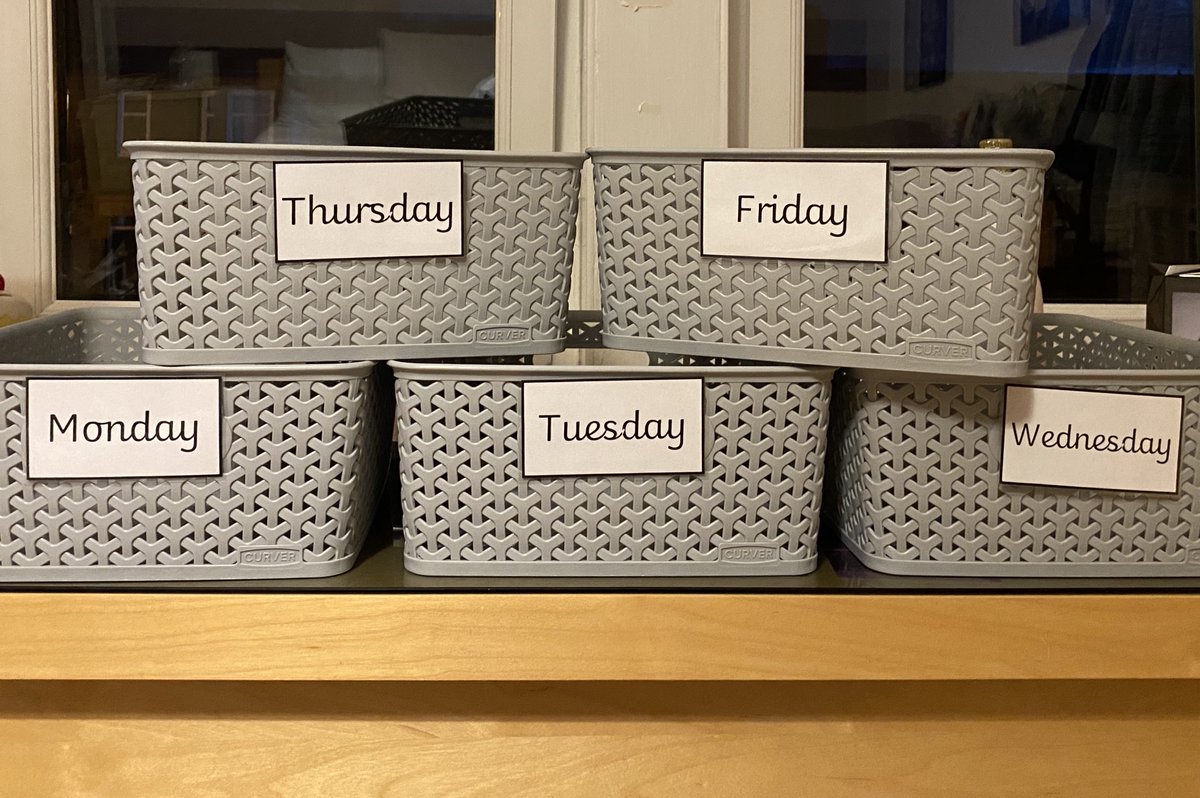 MissLMccoll's tweet photo. Pre-COVID, I used self-assessment trays for maths and literacy - not sure when this will be ok! 

Given the 72 hrs rule, I assume pupil's work should be ‘quarantined’ before marking. This gave me the idea to label my trays Mon-Fri, so I know when I can assess each piece of work. https://t.co/uHrbRvM37v
