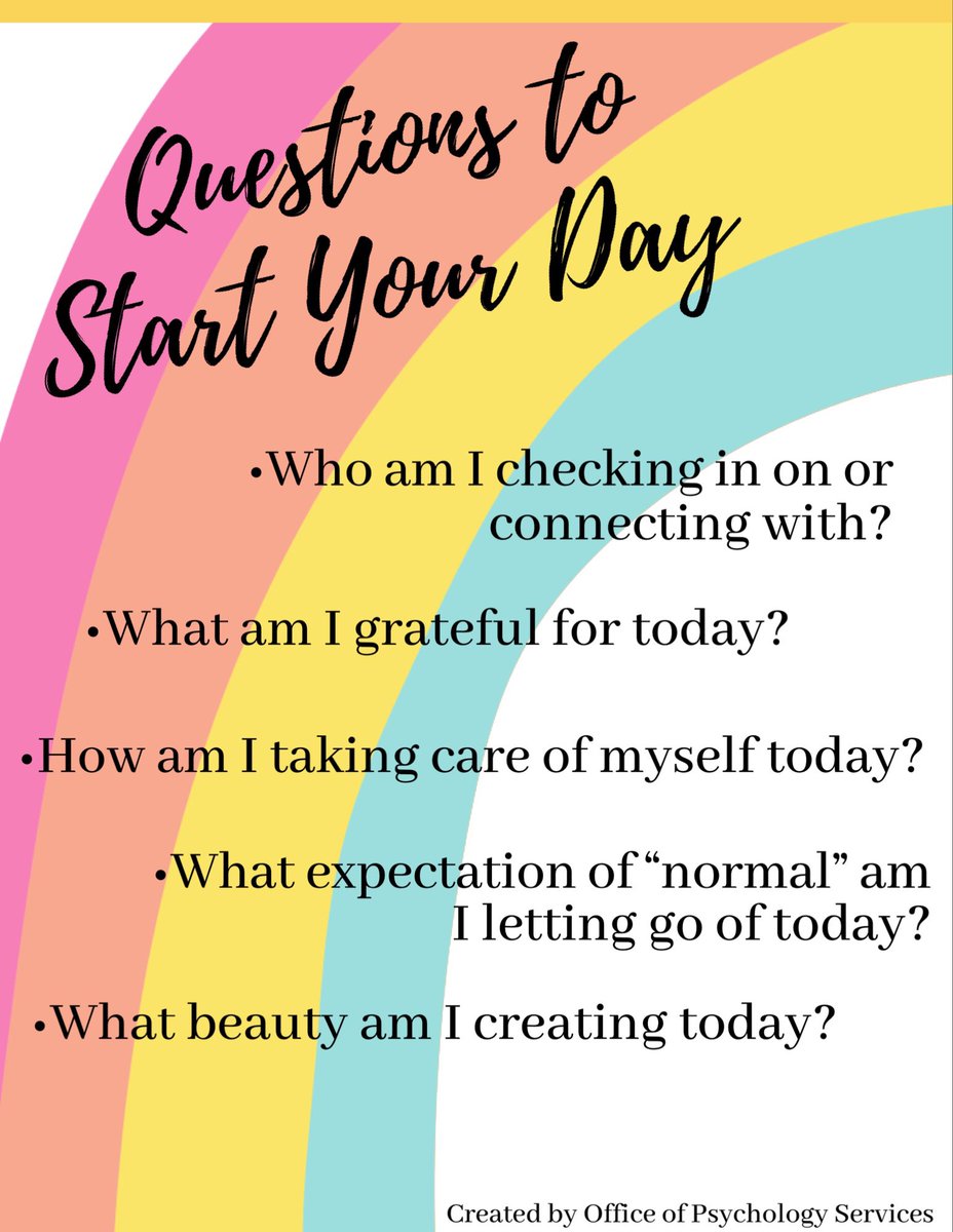 FCPSPsychs's tweet photo. #tipfortoday these are great questions to start your day with to help set positive intentions &amp; small daily goals for yourself. This allows you to focus in on the moment and start the day with positive emotional energy #MindfulMondays @fcpsnews https://t.co/GCiIaPrcv9