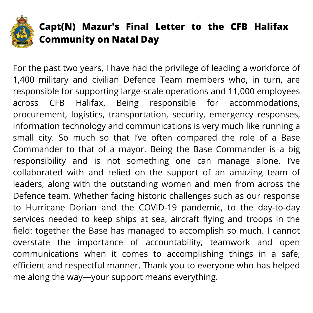 CFB_BFCHalifax's tweet photo. "I am grateful to have been able to lead, support &amp; learn from the wonderful Defence Team here. It has been an honour &amp; privilege to serve the great people of CFB Halifax.” - Capt(N) David Mazur, outgoing #CFBHalifax Base Commander @WardenNAtlantic 

👉 https://t.co/F51GEB5uxv https://t.co/xDG9qI6QJk
