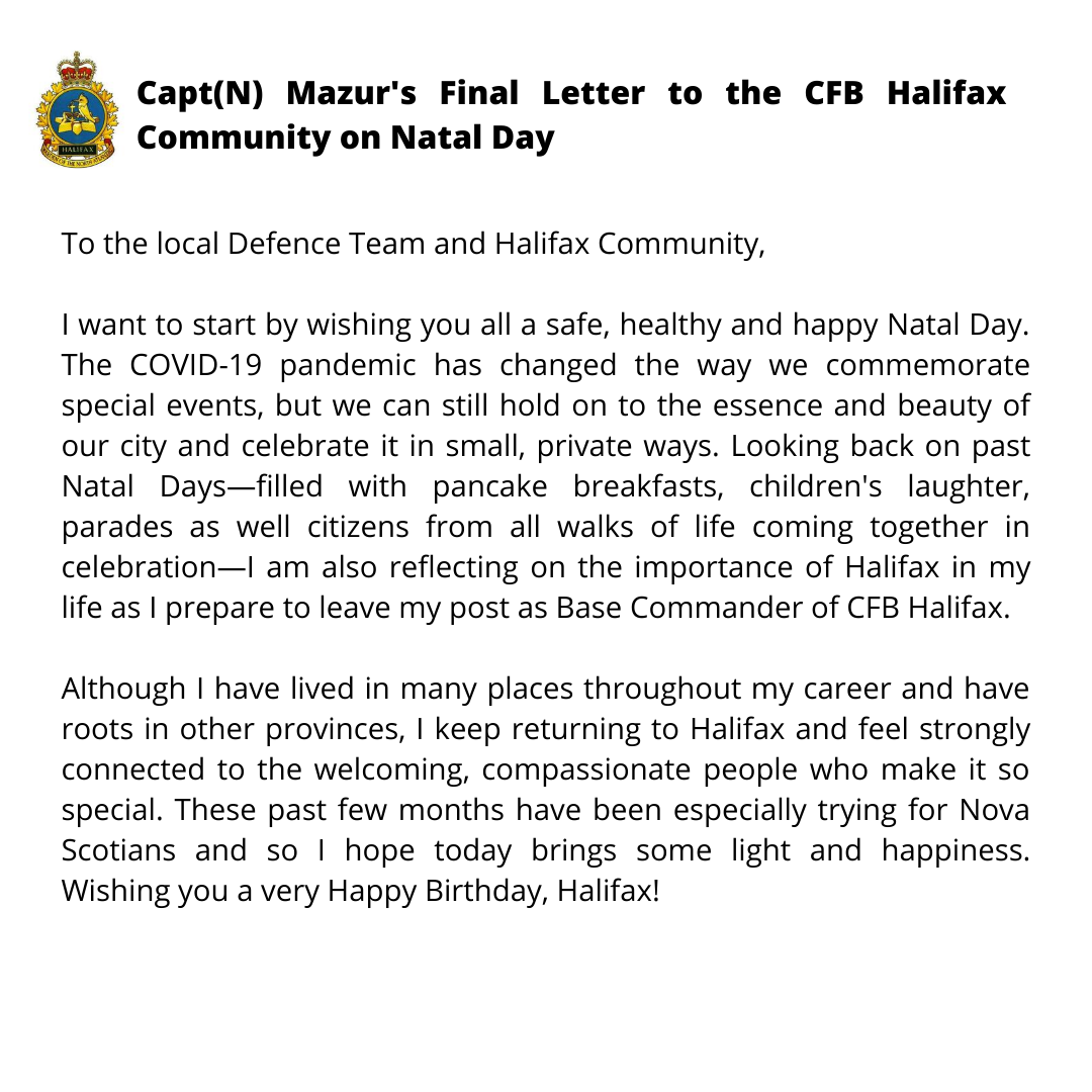 CFB_BFCHalifax's tweet photo. "I am grateful to have been able to lead, support &amp; learn from the wonderful Defence Team here. It has been an honour &amp; privilege to serve the great people of CFB Halifax.” - Capt(N) David Mazur, outgoing #CFBHalifax Base Commander @WardenNAtlantic 

👉 https://t.co/F51GEB5uxv https://t.co/xDG9qI6QJk