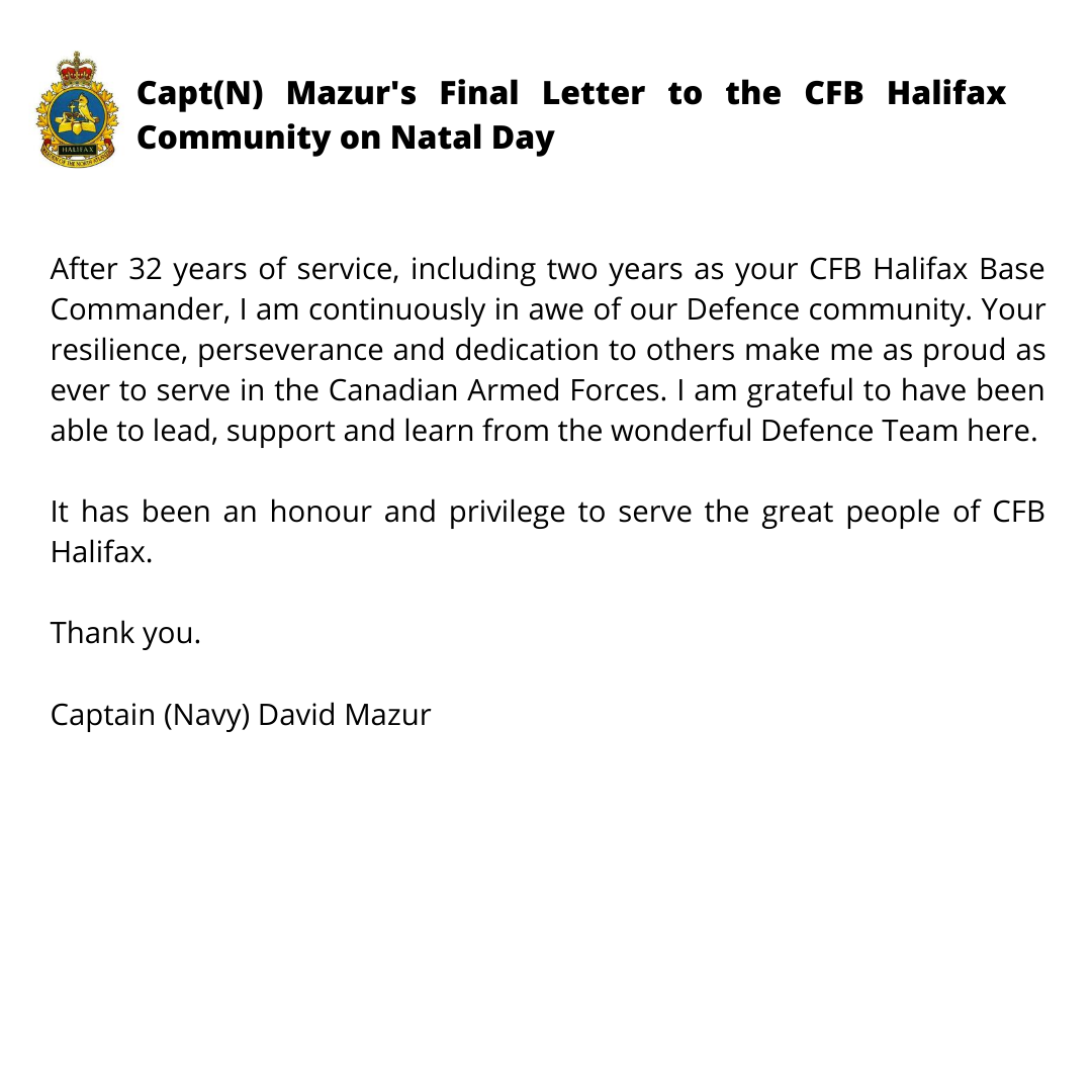 CFB_BFCHalifax's tweet photo. "I am grateful to have been able to lead, support &amp; learn from the wonderful Defence Team here. It has been an honour &amp; privilege to serve the great people of CFB Halifax.” - Capt(N) David Mazur, outgoing #CFBHalifax Base Commander @WardenNAtlantic 

👉 https://t.co/F51GEB5uxv https://t.co/xDG9qI6QJk