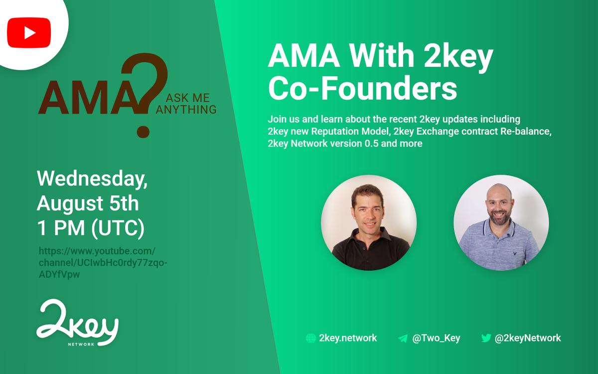2keyNetwork's tweet photo. 2key Live AMA 🔔

In 48 hours, 2key will host our first live AMA, on 2key YouTube channel 📺

Join the AMA to add live comments and questions for 2key Co-Founders @erezbk &amp; @eiTanLavi

Subscribe to 2key YouTube channel 👇
https://t.co/oitZjNuPe7 https://t.co/ArPzKATuS3
