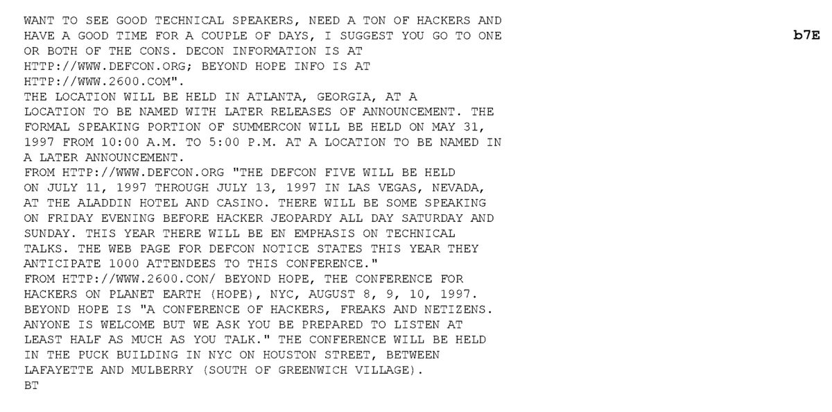 It's interesting to me looking back on these files how  @FBI has treated these conferences prior to 2000 as more or less one area of interest. Here,  @defcon comes up with  @hopeconf again.