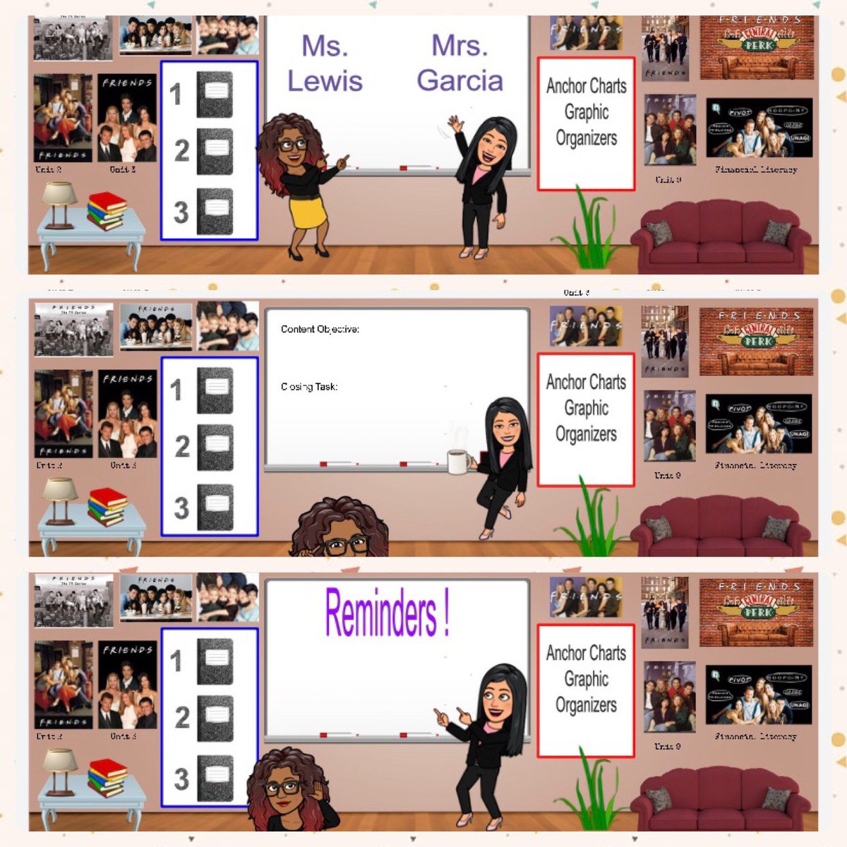 Kendle221's tweet photo. Each friends poster represents a different unit and is linked to a virtual word wall. To the right of the board students can find a padlet with anchor charts and graphic organizers. Each composition book represents a nine week period. #Friends #TheDistrict @reynahustles https://t.co/gdPPXrGXsS