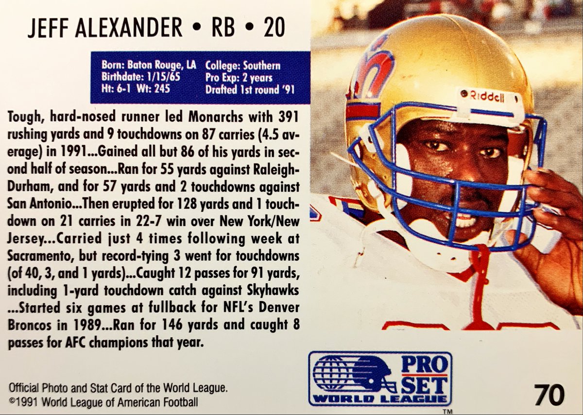 WLAFCards's tweet photo. Tough, hard-nosed runner led Monarchs with 391 rushing yards &amp; 9 TDs on 87 carries in 1991. Also played for #NFL #DenverBroncos &amp; #ArenaFootball’s #DallasTexans.

Jeff Alexander #LondonMonarchs - 1991 #ProSet #WLAF #70

#WorldLeagueOfAmericanFootball #WLAFCards #AFL #Football https://t.co/p5RQMy1iKy