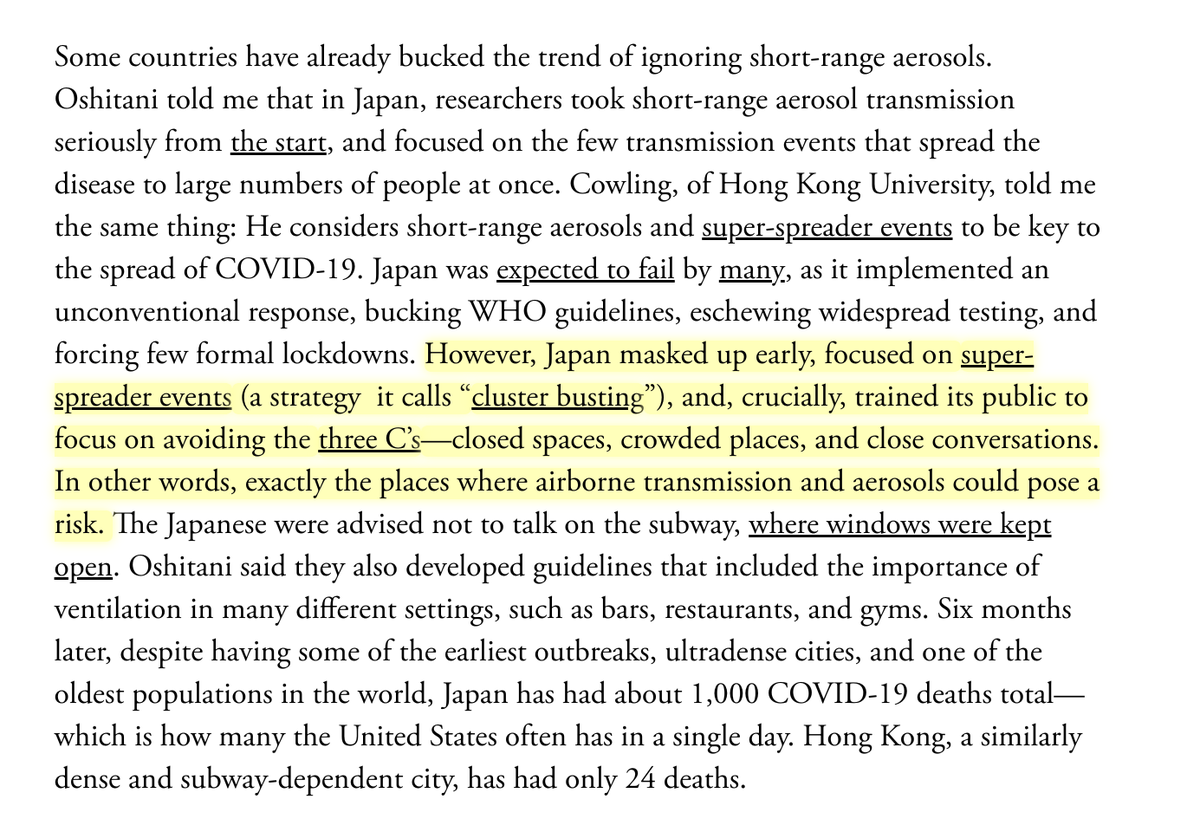 Because of my piece on ventilation, I keep getting asked for practical advice. CDC and health authorities should update guidelines. But for individuals? I'd say avoid Japan's 3Cs: closed spaces, crowded places, close-range conversations. And wear masks.  https://www.theatlantic.com/health/archive/2020/07/why-arent-we-talking-more-about-airborne-transmission/614737/