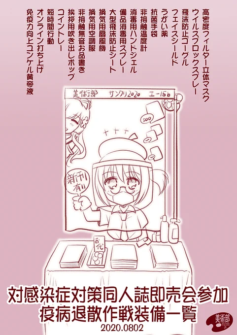 【対感染症対策同人誌即売会参加作戦】
立体マスク
フェイスシールド
うがい薬
手袋
非接触温度計
ウイルスブロックスプレー
消毒用ハンドジェル
消毒用スプレー
飛沫防止シート
換気用扇風機
挨拶用POP
指差しお品書き
コイントレー
短時間行動
オンライン打ち上げ
免疫力向上栄養ドリンク
#疫病退散 