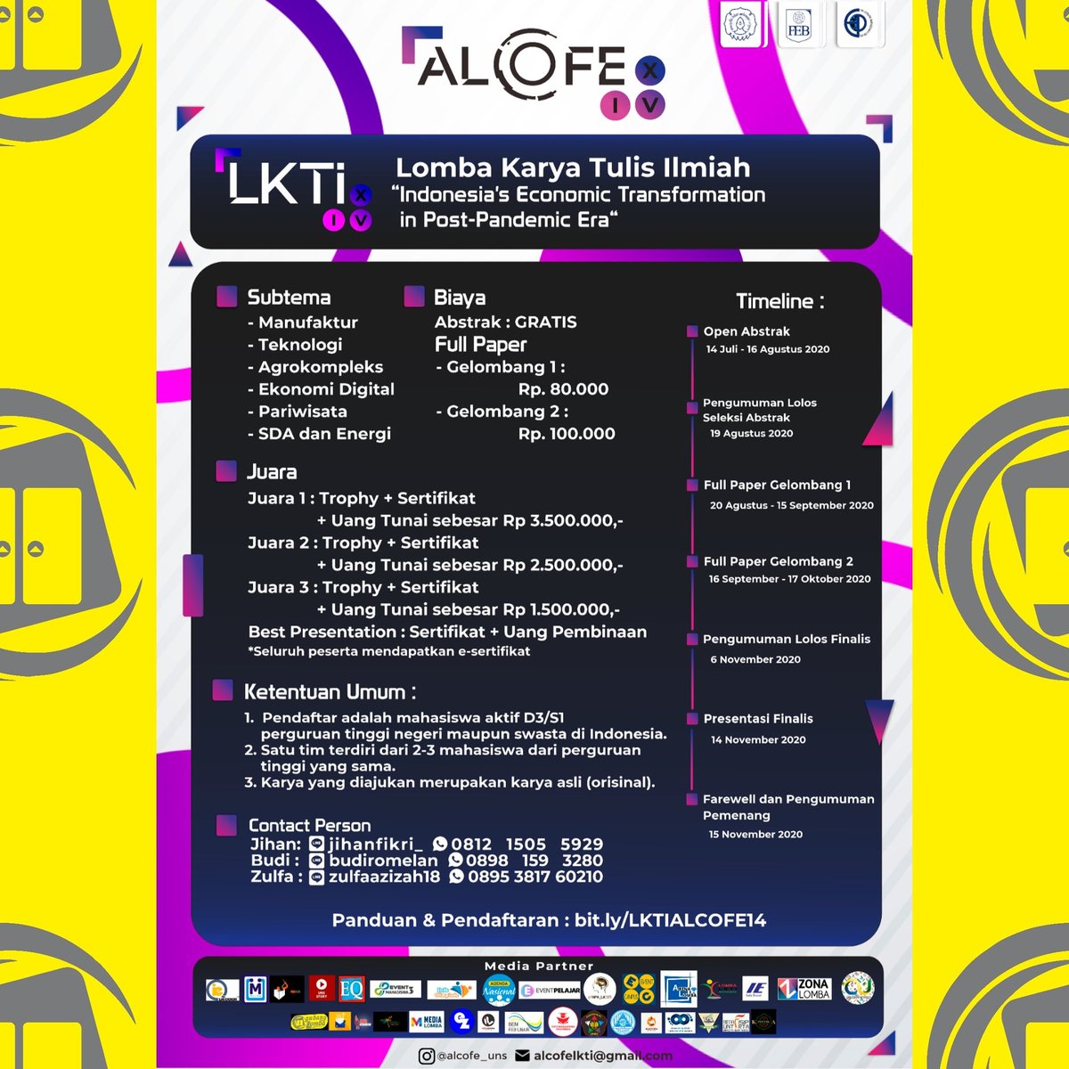 LOMBA KARYA TULIS ILMIAH (LKTI) ALCOFE XIV @alcofe_uns

#Alcofe14 #openabstract #lkti #hmjep #uns #solo #lkti2020 #lktimahasiswa #infolkti #lombakaryatulisilmiah #gudanglomba
