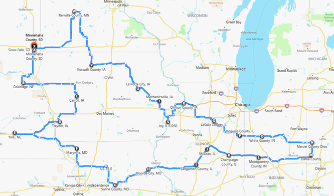 MichaelMinorMAR's tweet photo. This years #proagcroptour will go as follows. @alexjrenaas  and i will take yield samples along the route to help accurately determine this years estimated corn yield. #cropwatch #corn https://t.co/LBPyjHpY1C