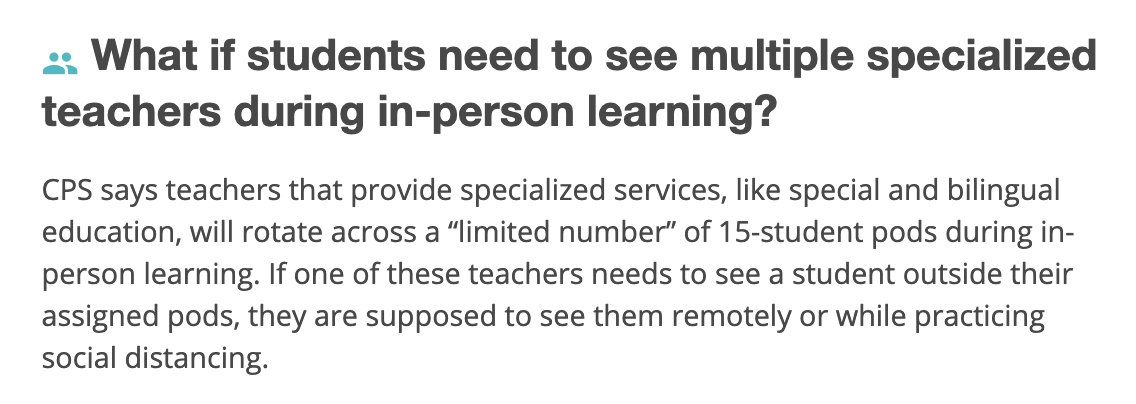 .<a href="/ChiPubSchools/">CPS - Chicago Public Schools</a> also says special education and bilingual teachers will rotate across a limited number of 15-student pods to provide specialized services. bit.ly/2Con9cR