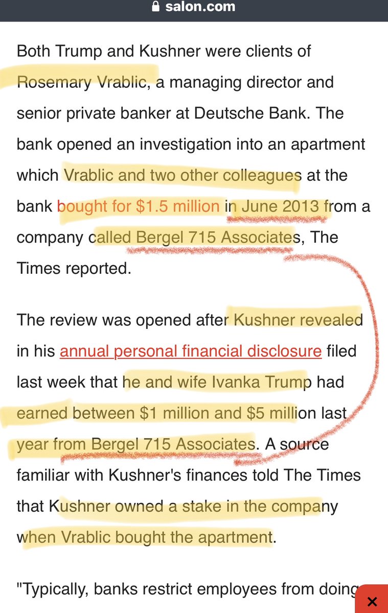 June 2013: Trump’s Deutsche banker, Rosemary Vrablic, did an apt deal w/ two other assocs, called “Bergel 715 Associates.” Jared and Ivanka recent fin disclosure reported income from *that same* deal. 