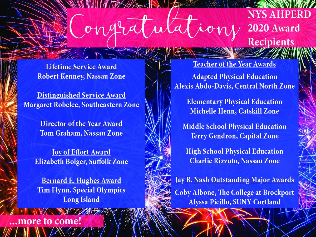NYS AHPERD (@nysahperd) on Twitter photo 🎉Congratulations NYS AHPERD 2020 Award Recipients 🎈
<a href="/NZnysahperd/">Nassau Zone</a> <a href="/SuffolkZone/">Suffolk Zone</a> <a href="/CNZonePE/">Central North Zone</a> <a href="/SEZnysahperd/">Southeastern Zone</a> <a href="/CTZnysahperd/">NYSAHPERD Catskill Zone</a> <a href="/CZNYSAHPERD/">Capital Zone NYSAHPERD</a> <a href="/suny_cortland/">SUNY Cortland</a> <a href="/Brockport/">SUNY Brockport</a> <a href="/SpecOlympicsNY/">Special Olympics New York</a> <a href="/mrobPE/">Margaret Robelee (she/her)</a> @diver3m777 <a href="/TerryGendron/">Terry Gendron</a> <a href="/RizzutoEd/">Charlie Rizzuto</a> <a href="/AlyssaPicillo/">alyssa.picilloPE</a> 🎉Congratulations NYS AHPERD 2020 Award Recipients 🎈
<a href="/NZnysahperd/">Nassau Zone</a> <a href="/SuffolkZone/">Suffolk Zone</a> <a href="/CNZonePE/">Central North Zone</a> <a href="/SEZnysahperd/">Southeastern Zone</a> <a href="/CTZnysahperd/">NYSAHPERD Catskill Zone</a> <a href="/CZNYSAHPERD/">Capital Zone NYSAHPERD</a> <a href="/suny_cortland/">SUNY Cortland</a> <a href="/Brockport/">SUNY Brockport</a> <a href="/SpecOlympicsNY/">Special Olympics New York</a> <a href="/mrobPE/">Margaret Robelee (she/her)</a> @diver3m777 <a href="/TerryGendron/">Terry Gendron</a> <a href="/RizzutoEd/">Charlie Rizzuto</a> <a href="/AlyssaPicillo/">alyssa.picilloPE</a>