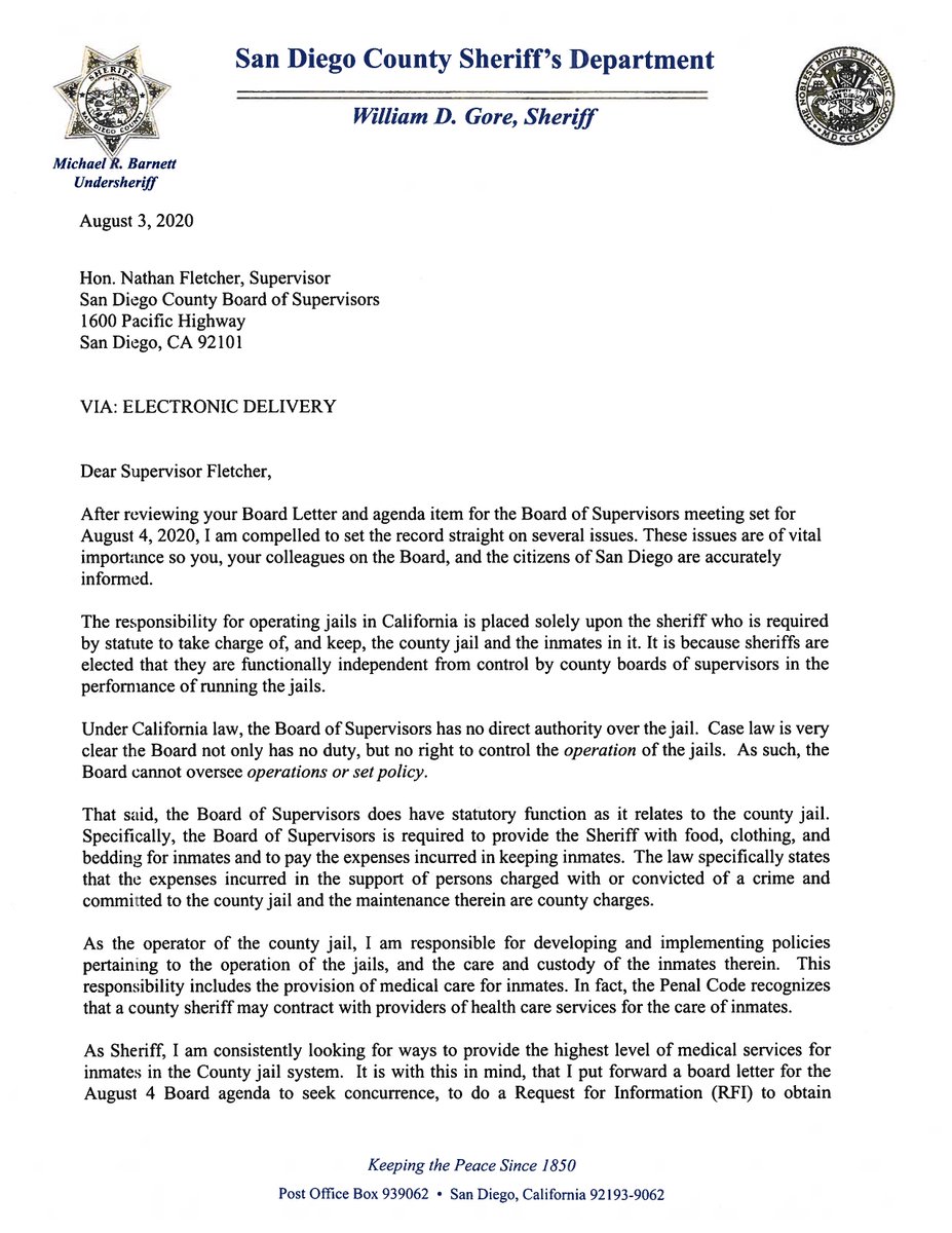 Read  @SDSheriff Bill Gore's response to  @SupFletcher regarding Request for Interest (RFI) to provide medical services at county jails.  https://bit.ly/2Dvei9g 