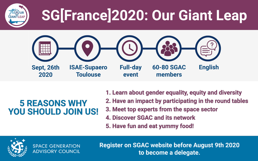WhyNicolasWhy's tweet photo. Il est encore temps de vous inscrire à l’événement 
@SGAC #SGFrance2020 #OurGiantLeap qui aura lieu le 26 septembre 2020 à l'@ISAE_officiel (Toulouse) sur le thème de l'égalité des genres dans le spatial !

Toutes les informations utiles sont là : 
https://t.co/w0Rf5xmvPu https://t.co/lRYWf1iUK0