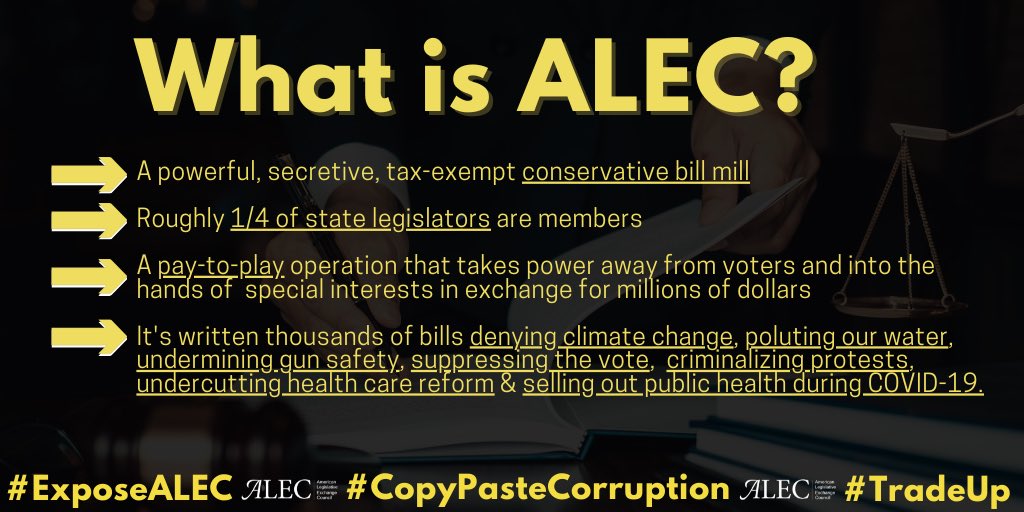 Have you ever wondered why it is that two-thirds of Americans think government should do more to  #ActOnClimate and over 90% of Americans support background checks, yet we’ve made virtually zero progress on either issue? One reason is  @ALEC_States.  #ExposeALEC  #TradeUp