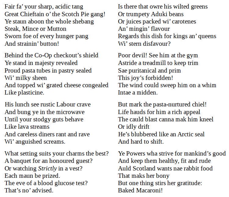 <a href="/holly_bourneYA/">Holly Bourne</a> I offer to you the brilliant Burnsian ode to the Macaroni Pie, by <a href="/WilliamDuguid1/">William Duguid</a>