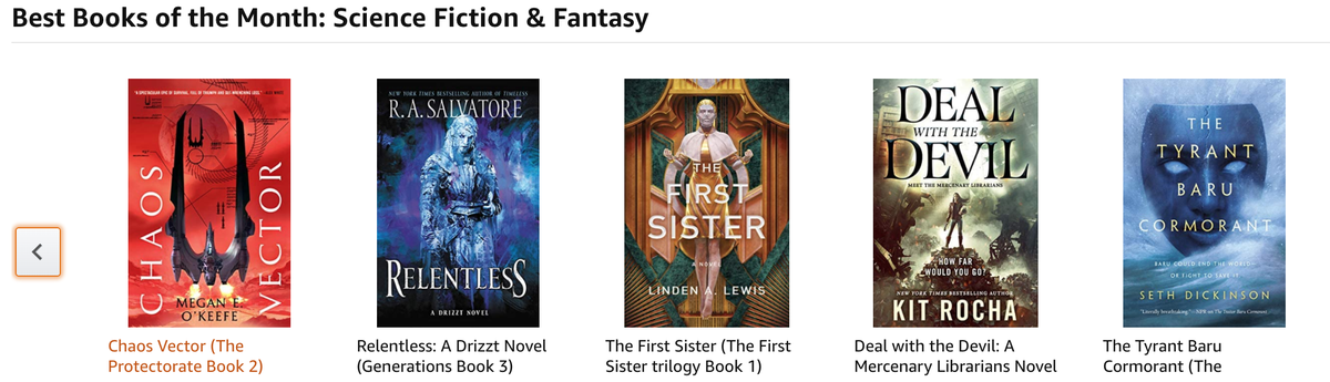 torbooks's tweet photo. We're excited to kick off August with 4(!) books on 'Best Books: Sci-Fi & Fantasy' by @amazonbooksโCONGRATS to #DealWithTheDevil by @KitRocha, #TheTyrantBaruCormorant by @sethjdickinson, #ByForceAlone by @lavietidhar, & #SorceryofaQueen by @BrianNasl!
https://t.co/HRVl6UlAaR https://t.co/JzEQosnZAC