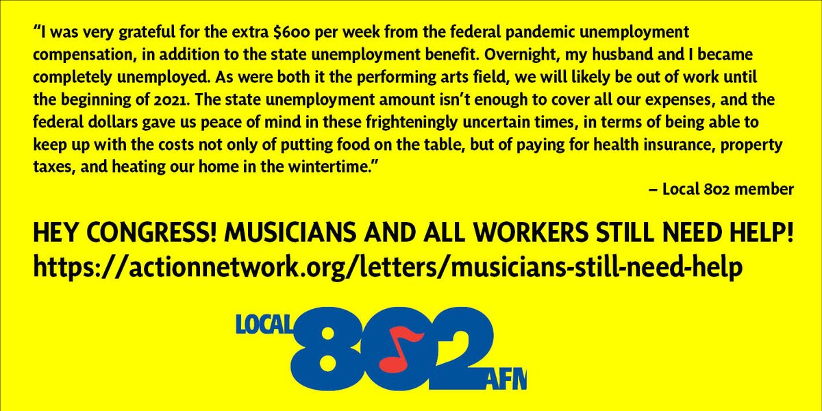 Local_802_AFM's tweet image. The extra $600 per week in unemployment benefits has expired, but Congress can still do the right thing and renew it! Do this now: actionnetwork.org/letters/musici… #SaveThe600 #ExtendUI #WeAreTheEconomy #SaveTheArts @The_AFM