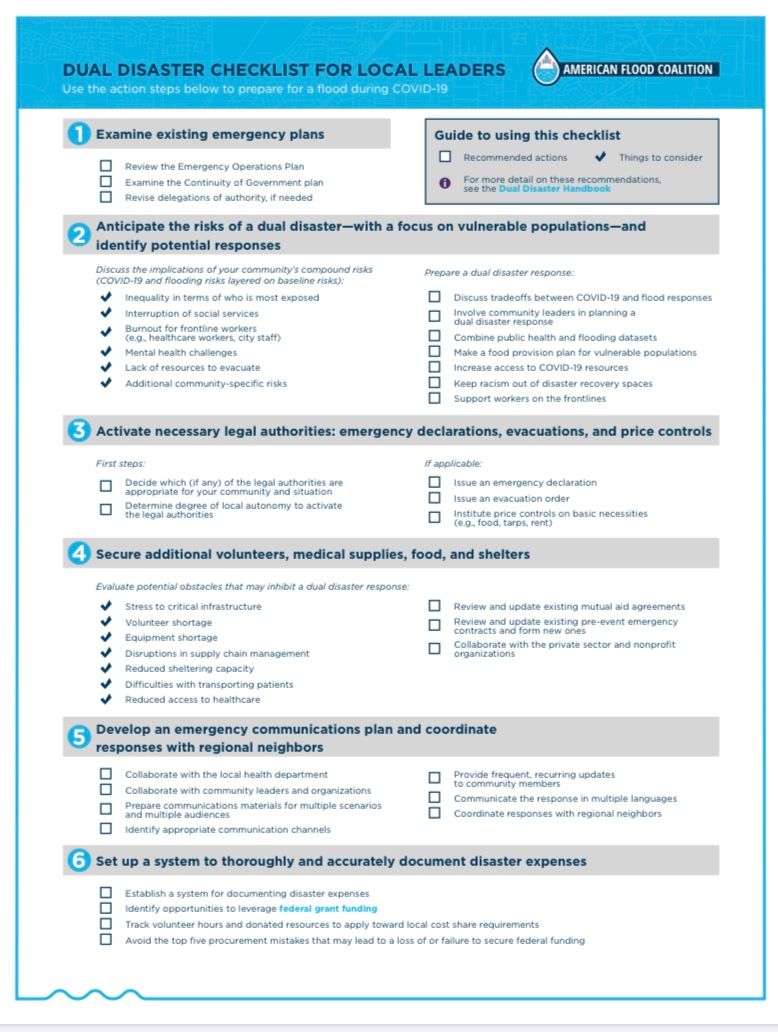 floodcoalition's tweet image. Preparing for #HurricaneSeason during a pandemic presents unique challenges for local leaders. Our #DualDisaster Handbook offers best practices, case studies and a checklist that can help.  buff.ly/2X2npFs