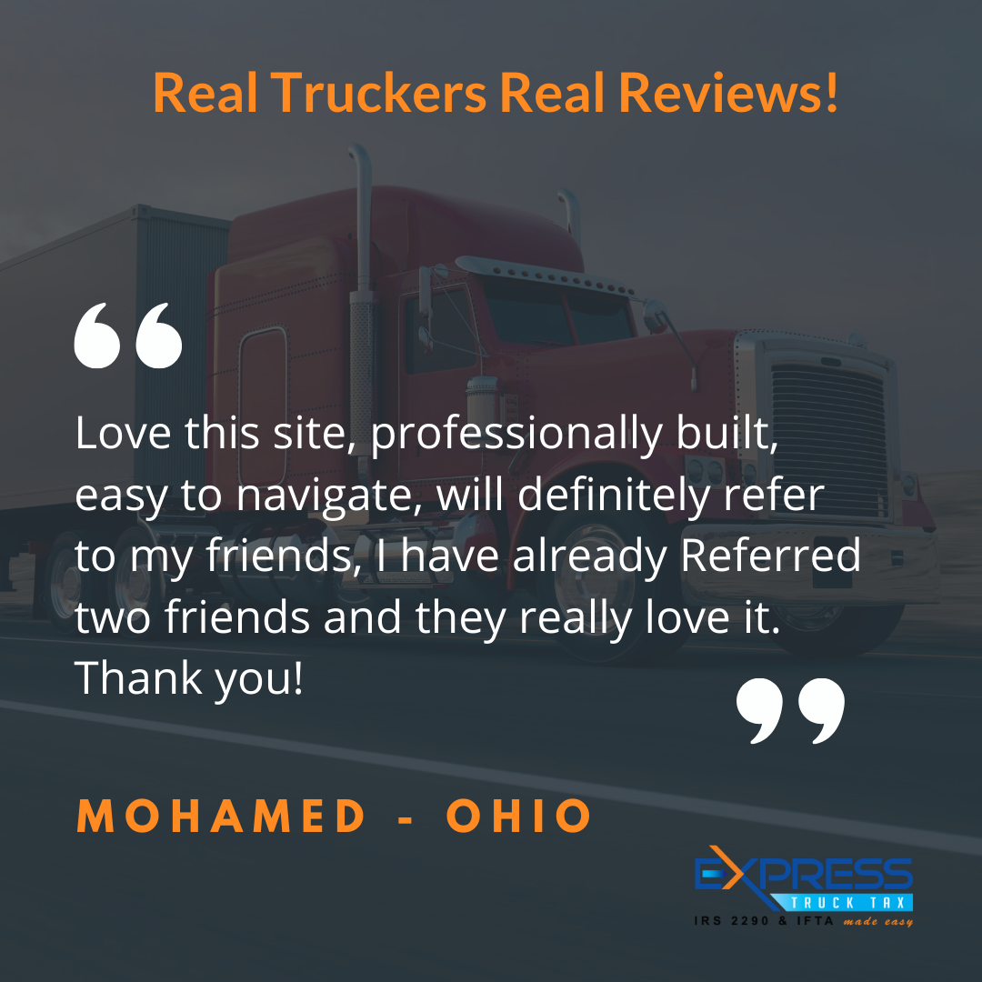 hvut550's tweet photo. Here is what our client #Mohamed from #Ohio has to say about #efiling2290 with ExpressTruckTax.
.
.
To e-file and get your HVUT return #Form2290 and get it processed in minutes, visit https://t.co/Eq6aIb9AKB now!
@expresstrucktax @hvut550
#trucktax #file2290online #schedule1 https://t.co/I0YvYo9Vth