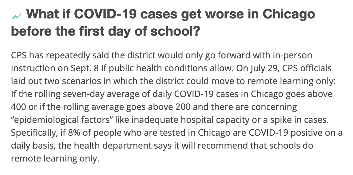 CPS also announced thresholds, incl. rolling case averages and positivity rates, for moving to remote-only learning and is expected to release an updated plan on the issue this week with plans to make a final call on in-person instruction in late August. bit.ly/2Con9cR