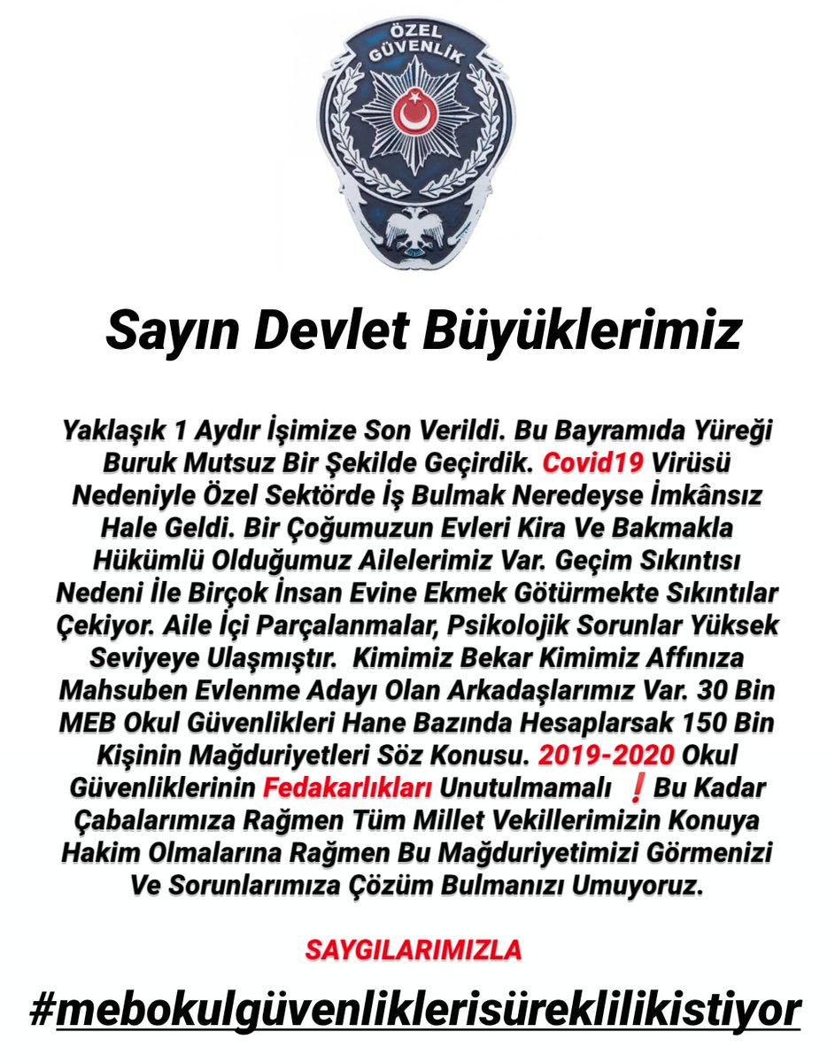 TECRÜBELİ MEB OKUL GÜVENLİKLERİ 💚🇹🇷 (@okultyp) on Twitter photo Pandemi döneminde ve 3yıldır Okullarda çalışan tecrübeli #MEB Okul Güvenlikleri #TYP kapsamından çıkarılıp #31Ağustos'ta Okullardaki görevlerine sözleşmeli olarak #MEB Okul Güvenliği olarak işlerine devam etmek istiyor .👮♀️🇹🇷👮♂️
#okulgüvenliksüreklilikistiyor
<a href="/RTErdogan/">Recep Tayyip Erdoğan</a> <a href="/ziyaselcuk/">Ziya Selçuk</a> Pandemi döneminde ve 3yıldır Okullarda çalışan tecrübeli #MEB Okul Güvenlikleri #TYP kapsamından çıkarılıp #31Ağustos'ta Okullardaki görevlerine sözleşmeli olarak #MEB Okul Güvenliği olarak işlerine devam etmek istiyor .👮♀️🇹🇷👮♂️
#okulgüvenliksüreklilikistiyor
<a href="/RTErdogan/">Recep Tayyip Erdoğan</a> <a href="/ziyaselcuk/">Ziya Selçuk</a>