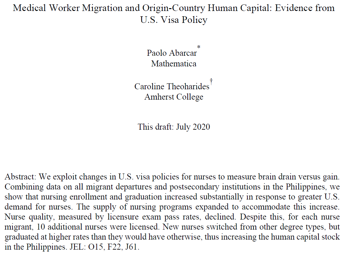  Our revised paper on nurse migration is finally out!  We study whether the U.S's aggressive recruitment of nurses from the Philippines in the 2000s led to a "brain drain." https://www.amherst.edu/system/files/Abarcar_Theoharides_2020_July_FINAL.pdf