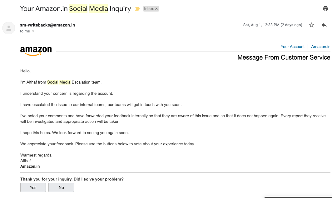 Harneetbhalla's tweet photo. @AmazonHelp Yes, that has been the same 'templated' answer.
We will get back. It has been weeks now, but no one is able to get back. (Originally when these tickets were raised)
48 hours since this email too.
Not sure if it will be done in 2021. https://t.co/P2aWVnuvKS