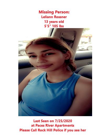 rockhillpd's tweet photo. MISSING PERSON: Leliann Rossner is currently missing. If you have any information of her whereabouts please call the Rock Hill Police Department immediately. https://t.co/j6d98MfhHk