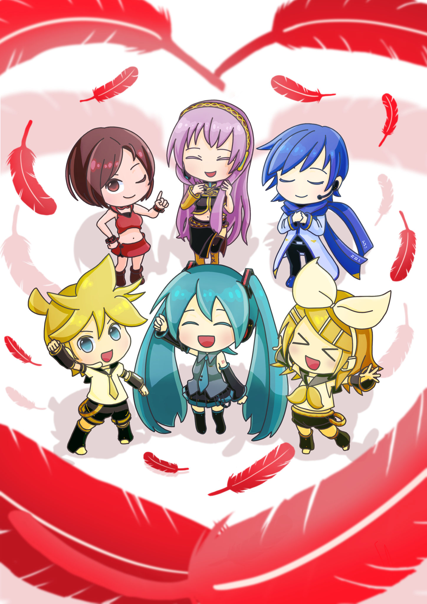 はとむぎんが Twitter પર 赤い羽根共同募金啓発ポスターのイラスト案に応募したイラストです 6人いてかわいいデショ 開眼率25 初音ミク 鏡音リン 鏡音レン 巡音ルカ Meiko Kaito