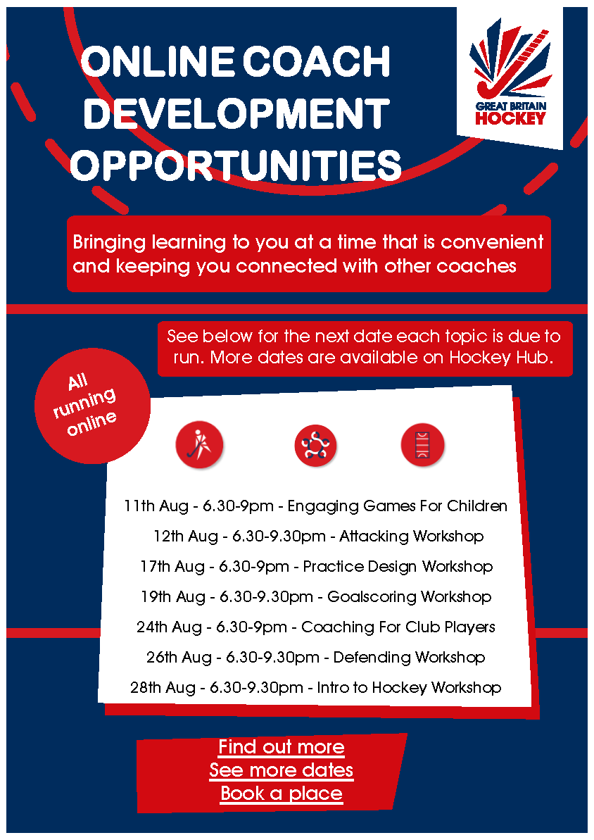 Events are filling up fast but there are still spaces on these in Aug

👥Player Workshops
Engaging Games For Children
Coaching For Club Players

🌀Environment Workshops
Practice Design
Intro to Hockey

🏑Game Workshops
Attacking 
Defending
Goalscoring

➡️tinyurl.com/uj4v8k6